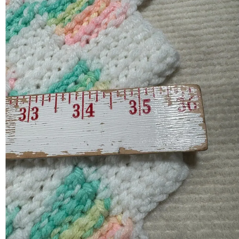 Handmade Crochet Baby Blanket 33x36 Pastel Blue White Pink Yellow Vintage Style